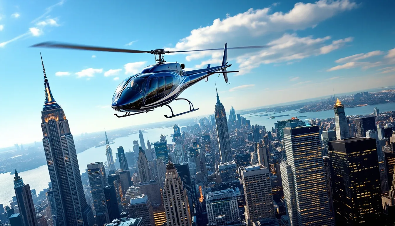 A helicopter flying over New York City, showcasing the skyline.