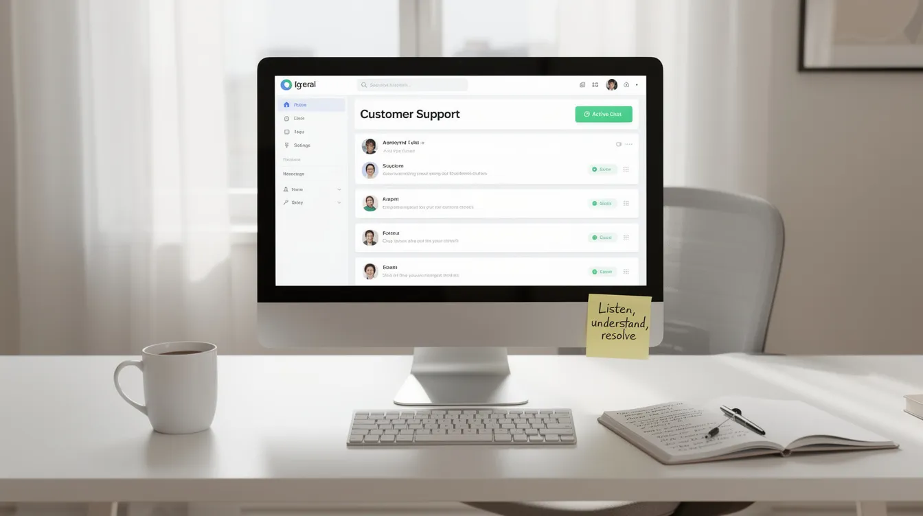 The image depicts a neatly organized workspace featuring a computer, notepad, and coffee mug, emphasizing a professional environment typical in the consumer services industry. This setting illustrates the significance of strong communication skills and customer service roles, which are vital for ensuring customer satisfaction and effectively resolving customer issues.
