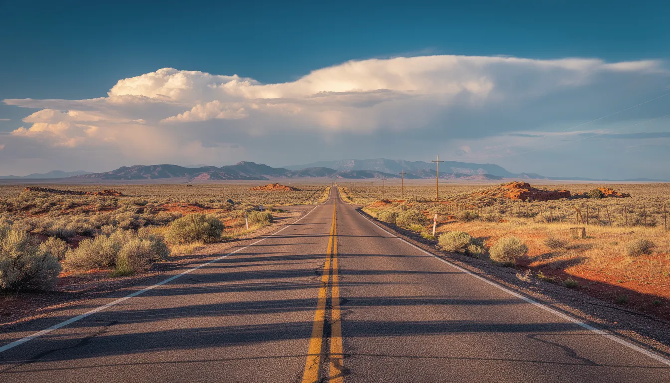 The image depicts a picturesque New Mexico road winding through a vast desert landscape, with distant mountains visible on the horizon. This serene scene contrasts with the complexities of car accidents in New Mexico, where understanding local laws and seeking the help of an experienced auto accident lawyer can be crucial after a motor vehicle accident.