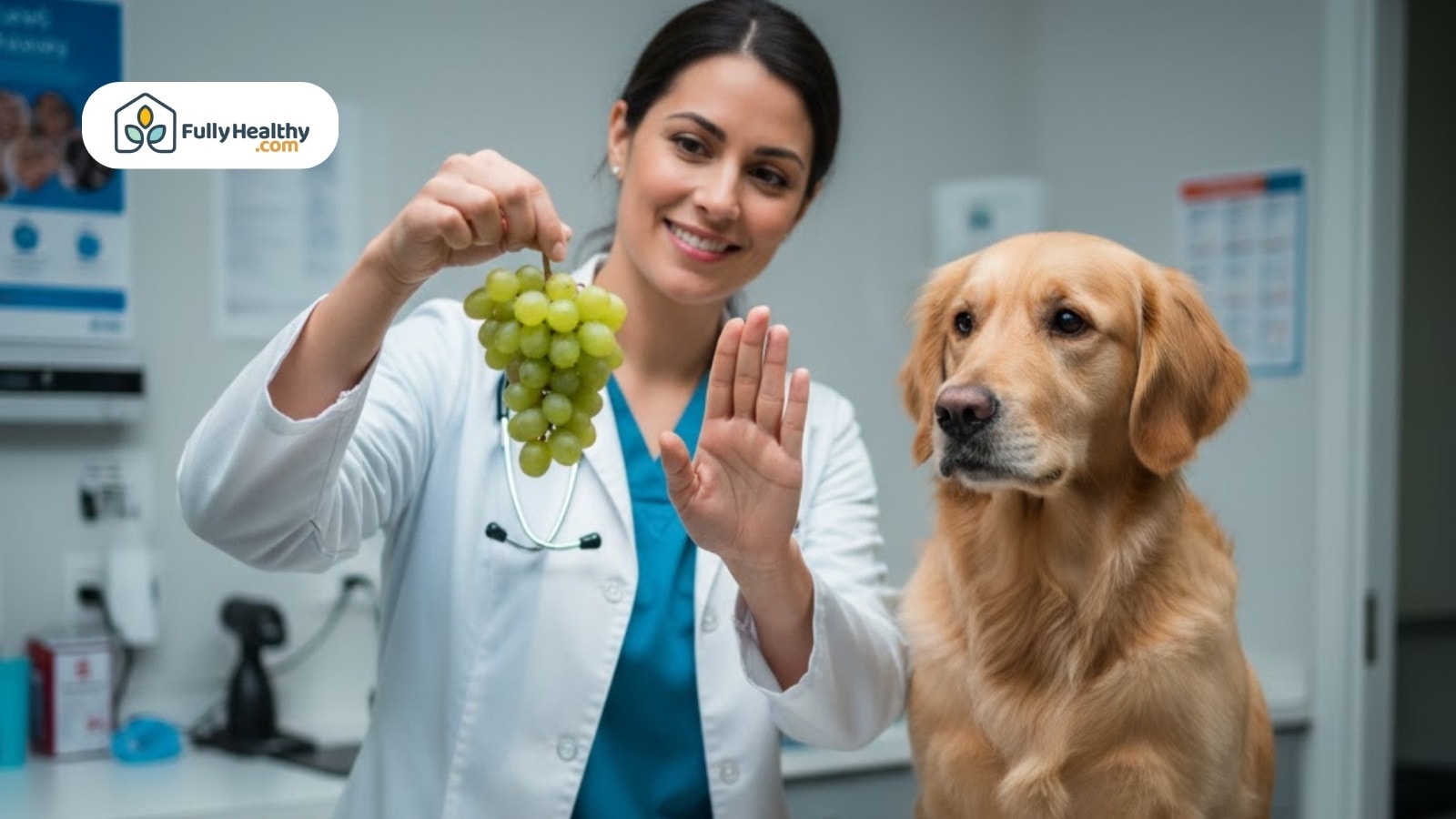 Veterinarian holding grapes and signaling no to golden retriever in clinic room