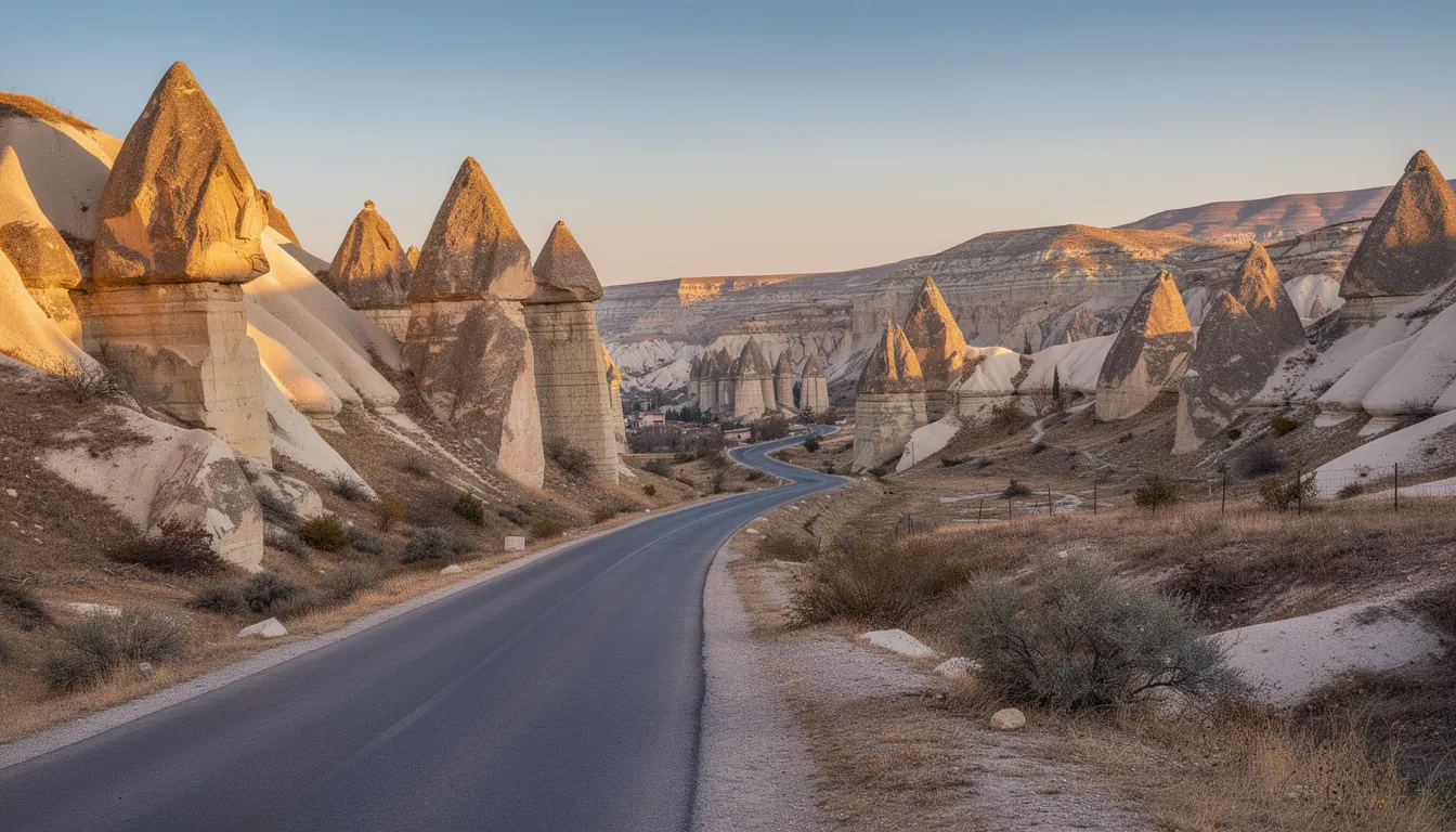 Un paysage spectaculaire de la Cappadoce, avec ses formations rocheuses uniques et une route sinueuse serpentant à travers le terrain. Ce décor enchanteur est idéal pour une location de voiture en Turquie, permettant de découvrir les merveilles naturelles de la région.