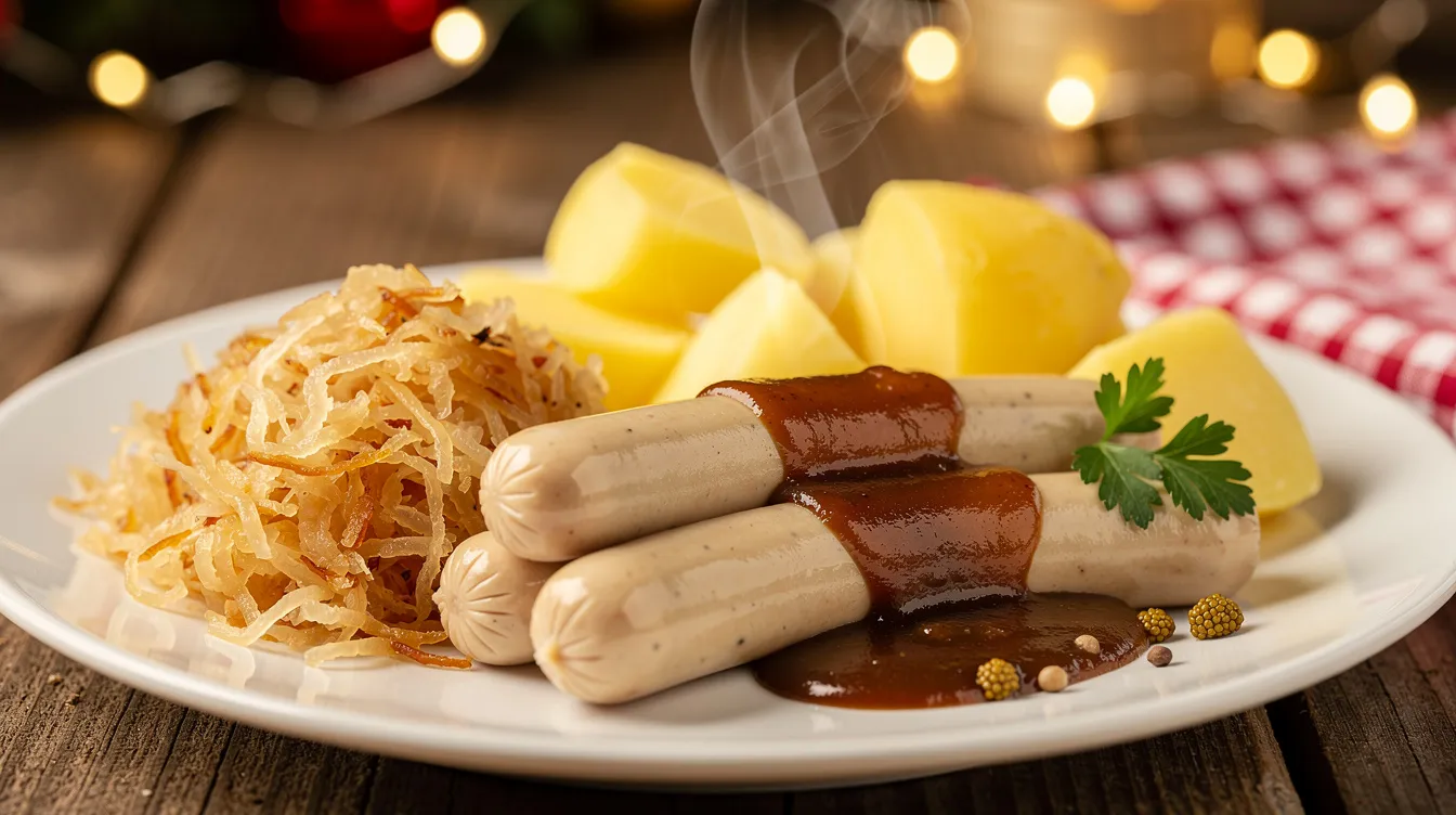 Der festlich angerichtete Teller zeigt eine Kombination aus hellen Würstchen, darunter die traditionelle schlesische Weißwurst, begleitet von aromatischem Sauerkraut, dampfenden Kartoffeln und einer dunkelbraunen Pfefferkuchensoße, die das Geschmackserlebnis abrundet. Diese ansprechende Präsentation ist ideal für ein Weihnachtsessen und lädt zum Genießen ein.