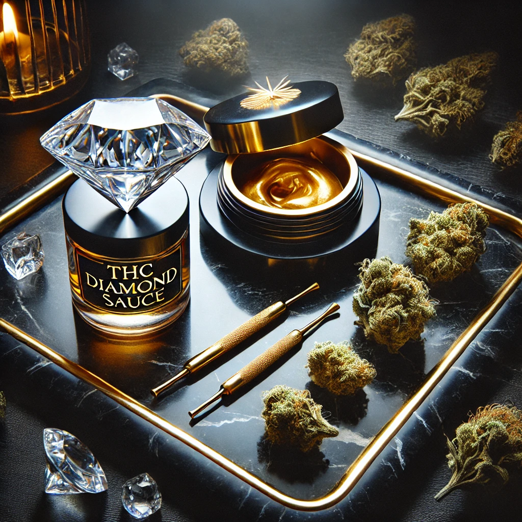 A luxurious cannabis setup featuring THC Diamond Sauce and premium cannabis buds on a black marble tray with gold-accented tools.