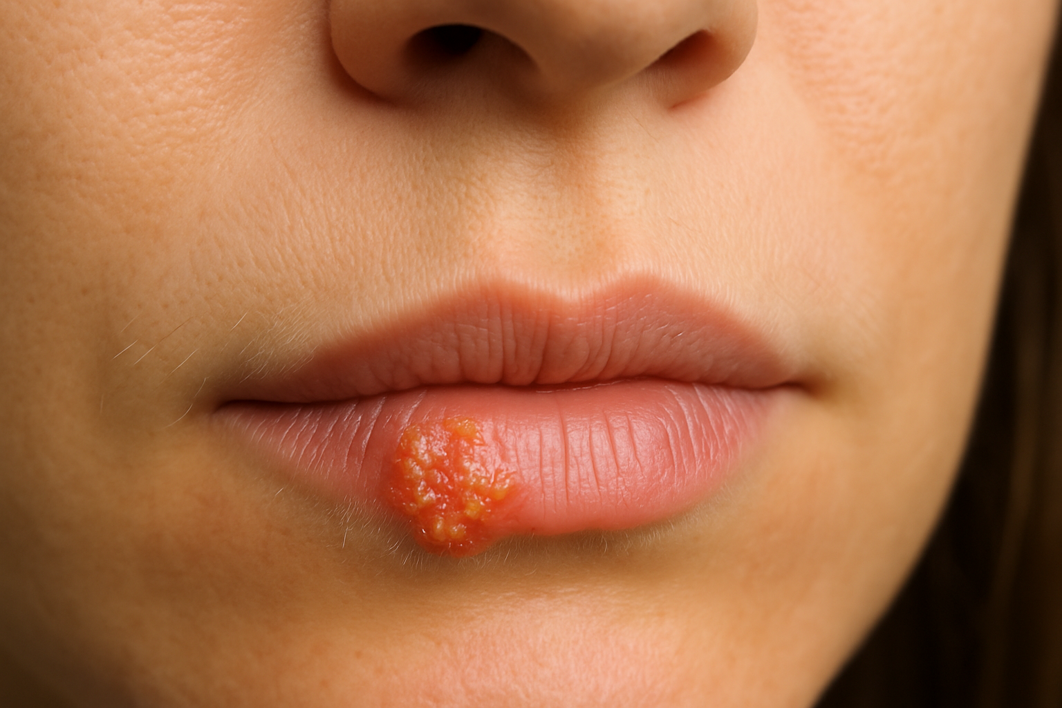 Herpes Munnsår: Hva Gjør Du Når Leppa Plutselig Blomstrer? 15 Nærbilde av leppe med synlig munnsår forårsaket av herpes.