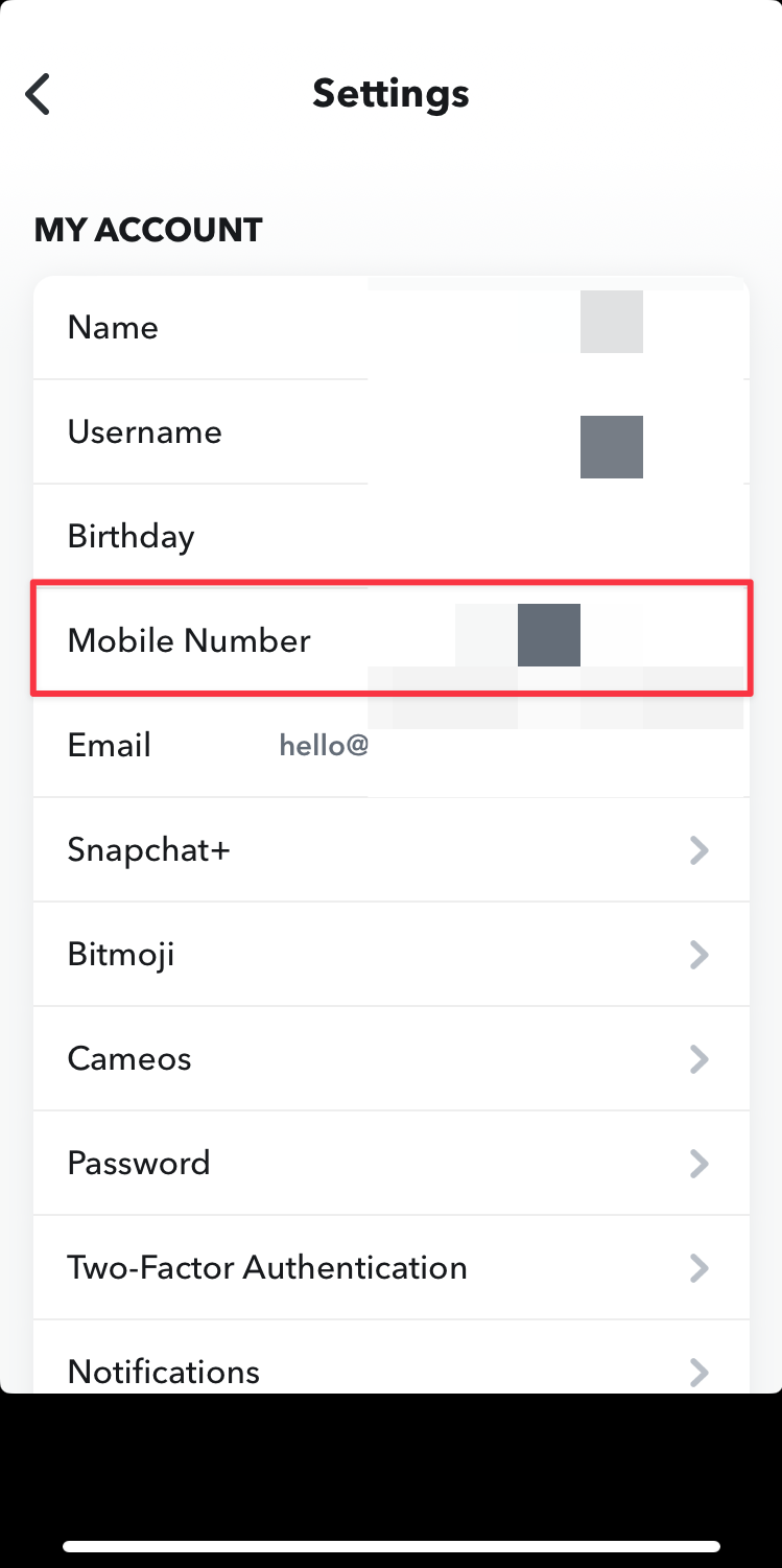 Remote.tools shows the Mobile number menu in Snapchat settings. Use this setting to hide your number instead of creating a new snapchat account.