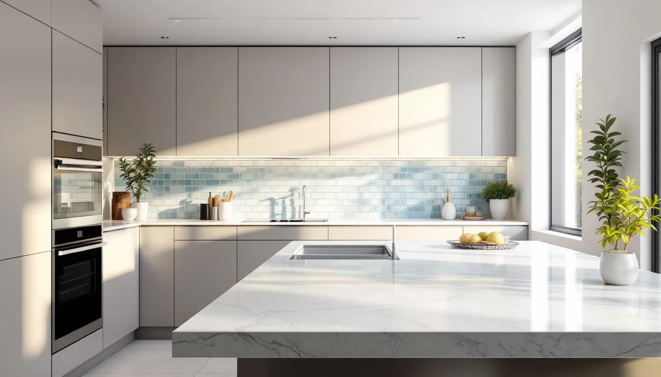 A modern kitchen featuring elegant quartz worktops that enhance the overall design.