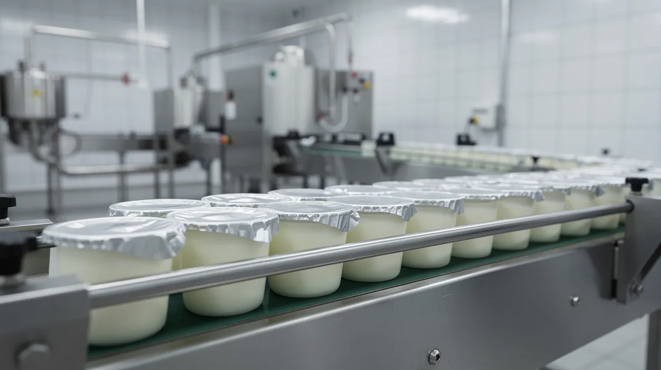 10ddf57a 4ccf 4d16 b891 19c79722209b The image shows a row of packaged curd cups with foil lids moving along a conveyor belt in a clean dairy processing plant, highlighting the advanced machinery used in the manufacturing process of dairy products. This setup ensures quality control and efficient packing within the facility.
