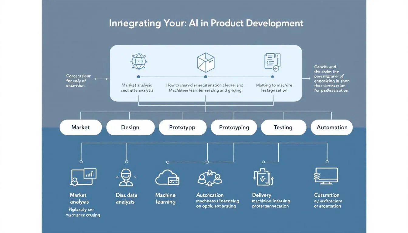 In this image, a diverse team of product managers and developers collaborate around a table, utilizing AI tools and data analytics to enhance their product development process. They are discussing market trends and customer feedback, showcasing the integration of artificial intelligence in optimizing product features and driving innovation.