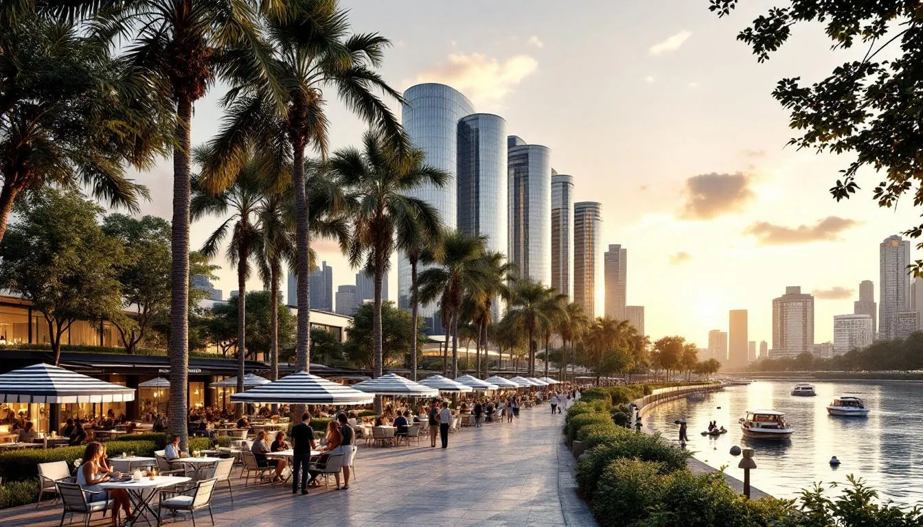 The image depicts a scenic waterfront view in downtown Fort Myers, featuring swaying palm trees and modern buildings along the Caloosahatchee River. Outdoor dining areas are visible, creating a relaxing atmosphere perfect for enjoying the luxury of Alta Mar condos and the vibrant Fort Myers River District.
