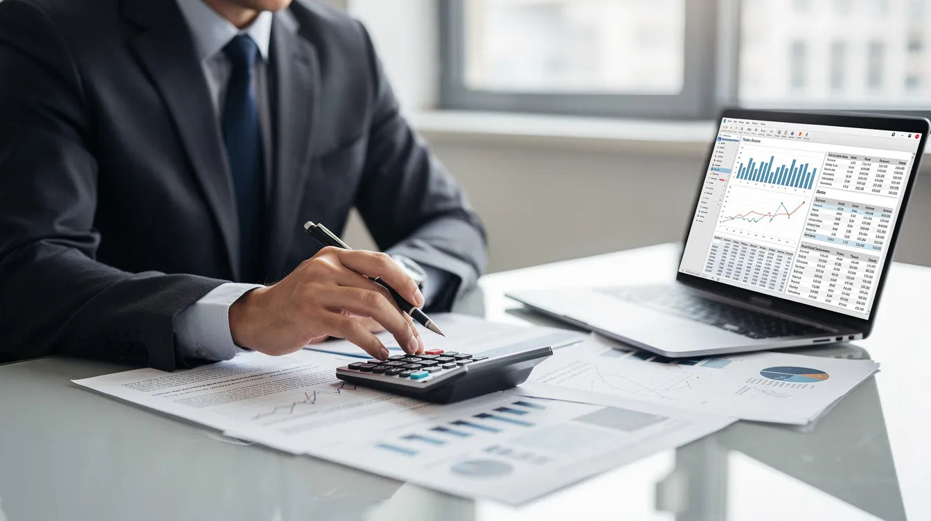 A professional is focused on reviewing financial documents, using a calculator and a laptop, as they analyze investment portfolios and consider tax planning strategies to enhance tax efficiency. The scene highlights the importance of seeking professional advice for capital gains tax implications and optimizing asset allocation for a tax aware investment review.