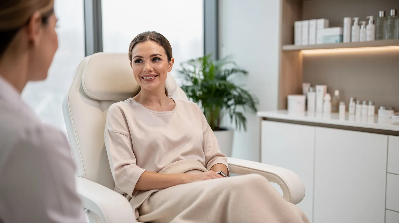 A woman is smiling during a relaxed consultation in a modern medspa, featuring a bright and clean interior. The setting suggests a focus on non-surgical treatments like the Sculptra butt lift, which stimulates the body's natural collagen production for subtle enhancements and long-lasting results.