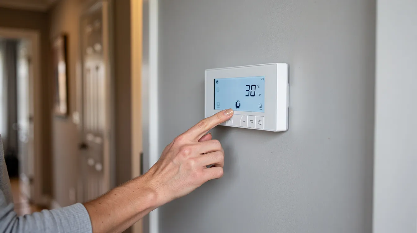 A homeowner's hand is adjusting a modern digital thermostat mounted on a hallway wall, controlling the indoor temperature of their air conditioning system for optimal energy efficiency. This device plays a crucial role in managing cooling and heating, contributing to better indoor air quality and energy savings.