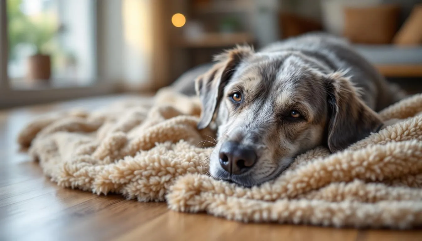 A peaceful elderly dog, a beloved pet, is resting comfortably on a soft blanket, embodying the comfort and love provided by its pet parents during its golden years. This serene moment reflects the deep bond shared between the dog and its family, highlighting the importance of quality of life in a pet