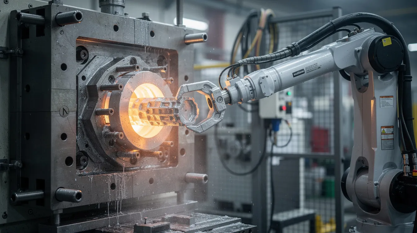 A close-up view of a die casting machine features a robotic arm extracting a freshly cast aluminum part from an open steel mold, showcasing the die casting process. The scene highlights the precision and efficiency of high-pressure die casting, essential for producing high-quality aluminum die cast components with tight tolerances.
