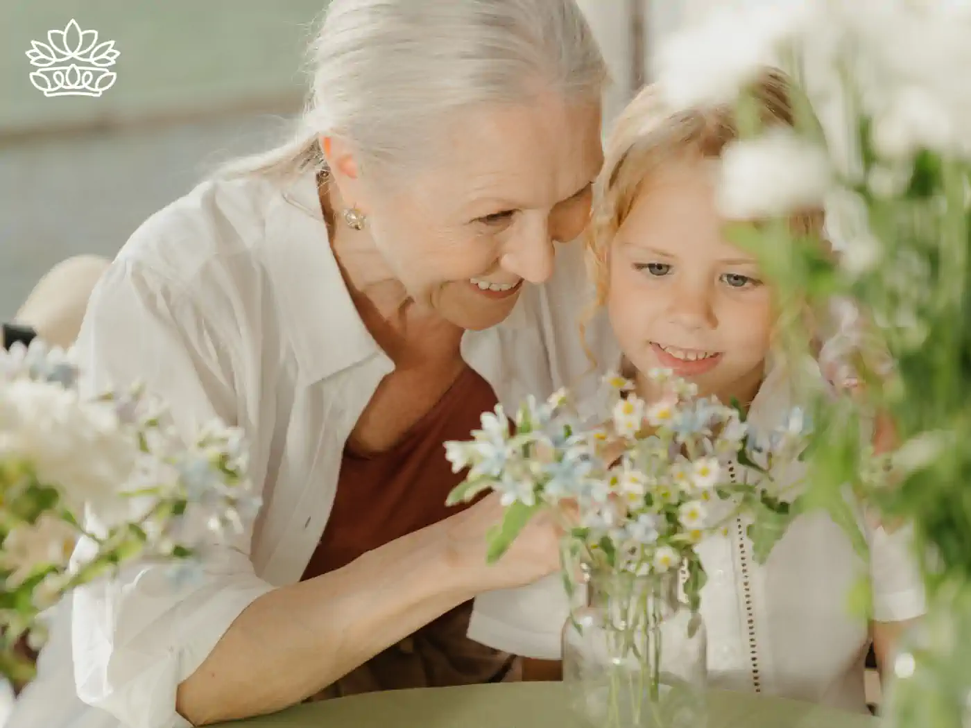 An elderly woman and a young girl admiring a vase of freshly arranged flowers. Fabulous Flowers and Gifts. Flower Delivery to Cape Town Collection.