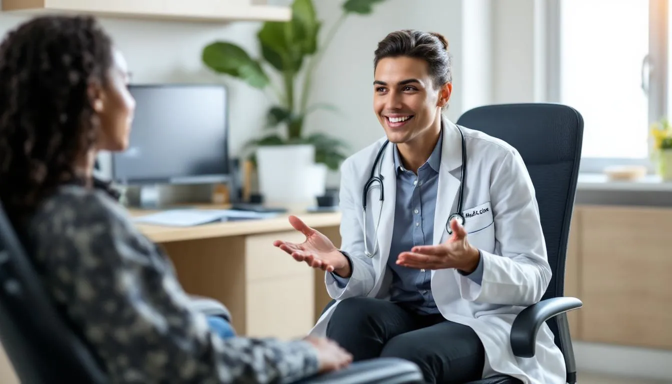 A healthcare professional is engaging with a patient in a clinical setting, utilizing motivational interviewing techniques to promote healthy behaviors and improve mental and physical health. This interaction highlights the importance of health education and effective communication in supporting patients' health outcomes.