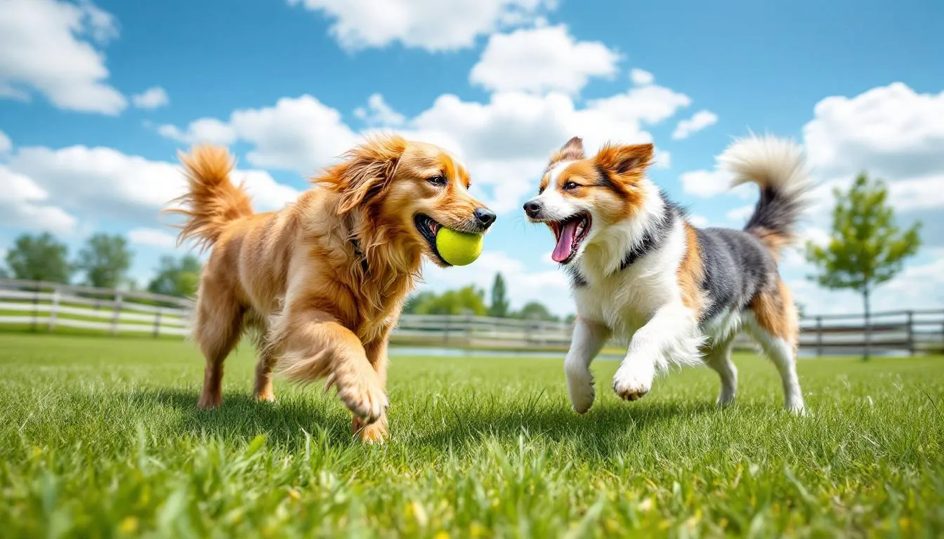 In a lively dog park, two young dogs are playfully interacting, showcasing their healthy skin and vibrant energy as they engage with each other. Their close proximity highlights the importance of monitoring for any visible warts, which can be indicative of canine papillomavirus, a common viral infection in dogs.