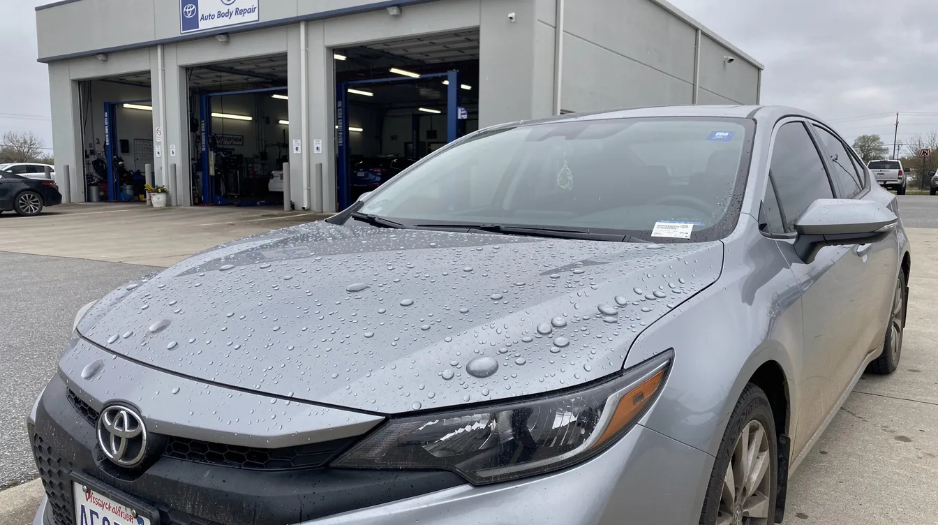 The image shows a vehicle parked at a body shop, displaying noticeable hail damage on its hood and roof. This scenario highlights the importance of understanding auto insurance deductibles, as they can significantly impact the repair costs and the insurance claim process after such unfortunate events.