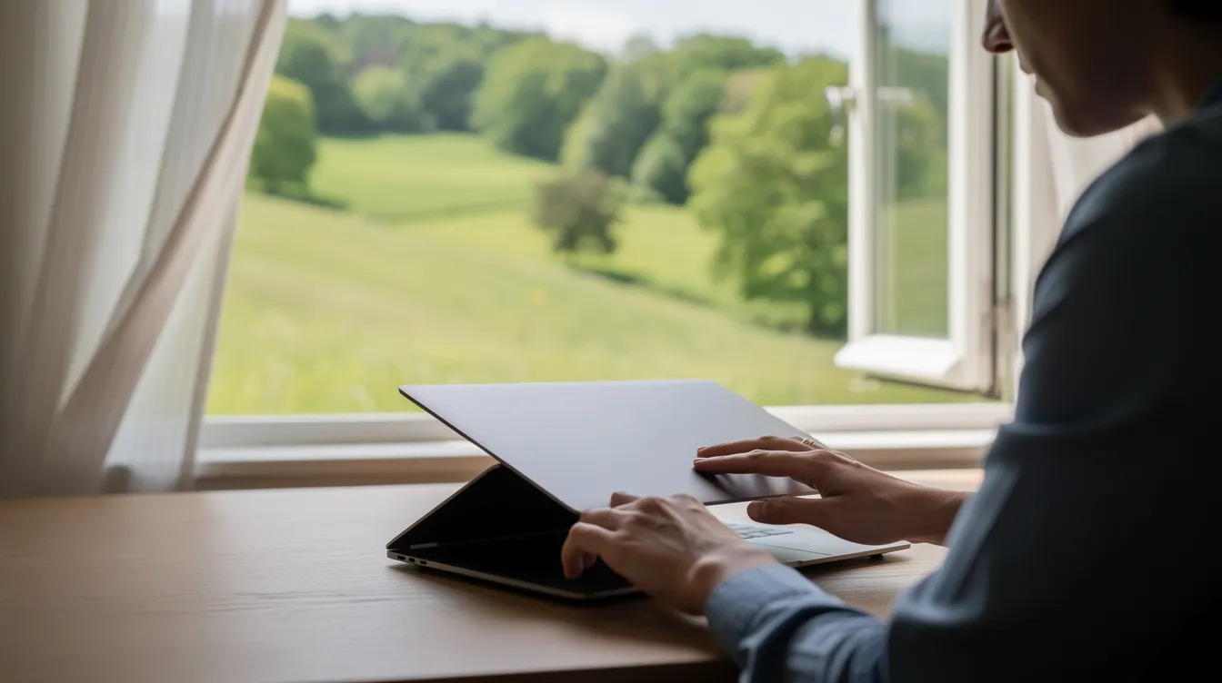 Une personne ferme son ordinateur portable tout en regardant par une fenêtre ouverte, révélant un paysage verdoyant. Cette scène évoque un moment de pause bénéfique, essentiel pour contrer les signes d'épuisement professionnel et retrouver un équilibre entre vie privée et travail.
