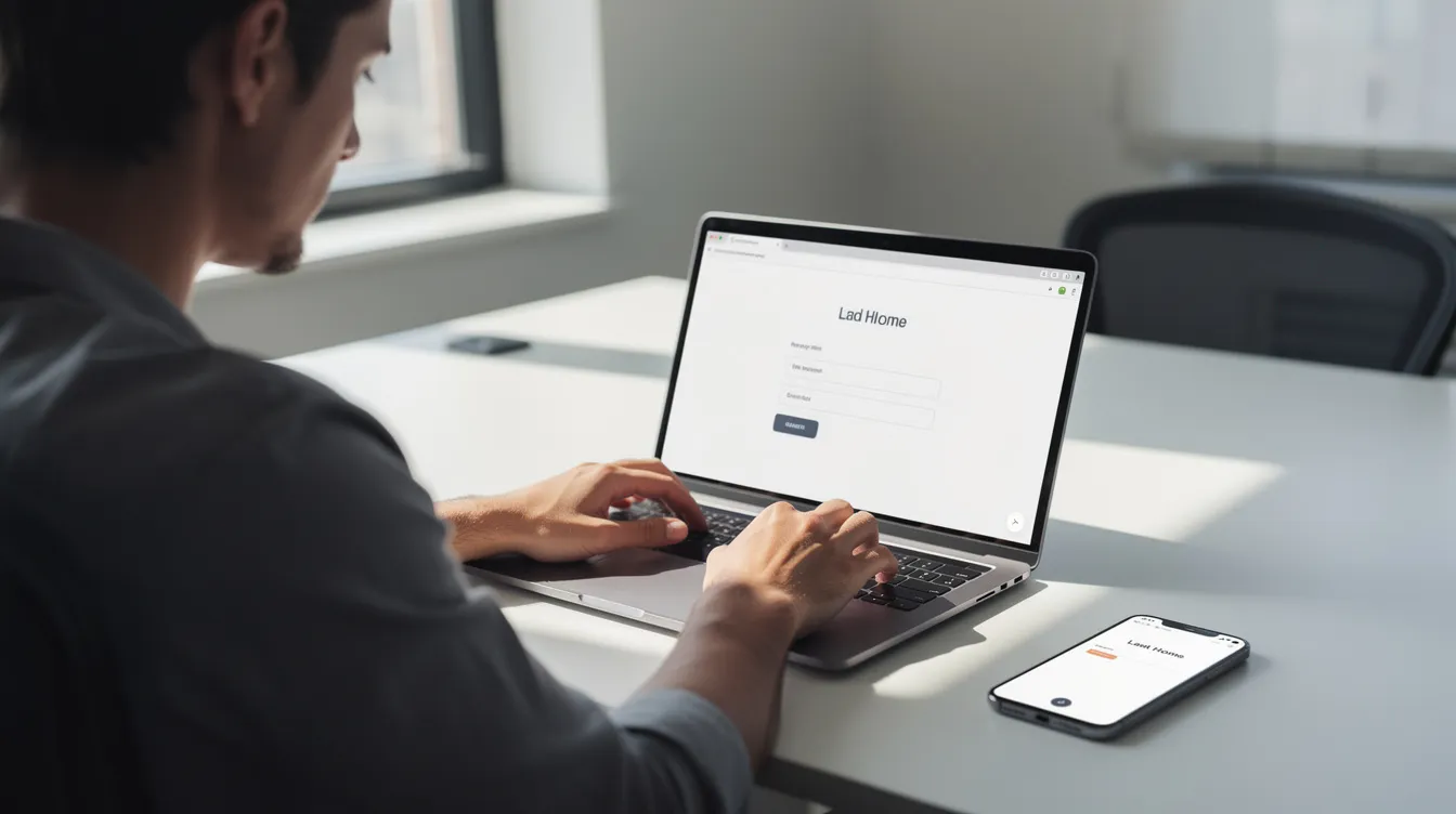 A person is sitting at a desk, focused on completing a digital form on their laptop, with a phone placed next to them. The scene highlights the importance of securing personal information while using apps like WhatsApp to avoid scams and data breaches.
