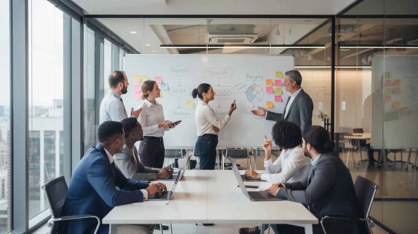 Une équipe diverse est réunie autour d'un tableau blanc dans un bureau moderne, échangeant des idées pour élaborer une stratégie commerciale efficace en matière de développement d'affaires. Ils collaborent activement pour définir des objectifs et des actions en vue de maximiser la croissance de leur entreprise.