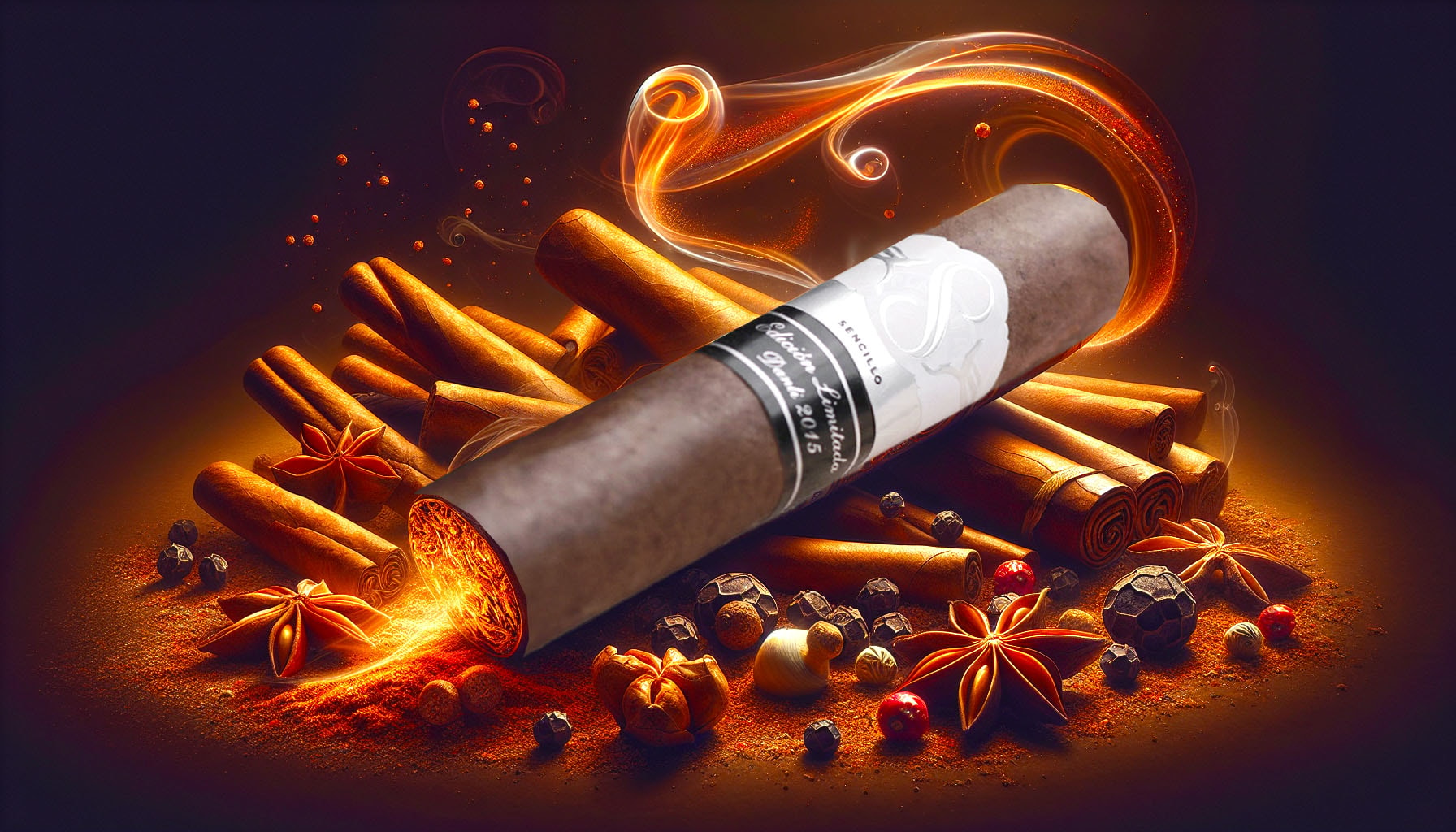 A creative illustration of a Sencillo Platinum Pirámide cigar with spicy flavor elements.