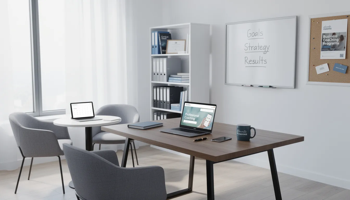 The image depicts a modern office setup for a professional coaching business, featuring a sleek desk with business materials, coaching tools, and a comfortable seating area for coaching sessions. This environment embodies the essence of transformational coaching, promoting personal growth and self-awareness for both coaches and their clients.