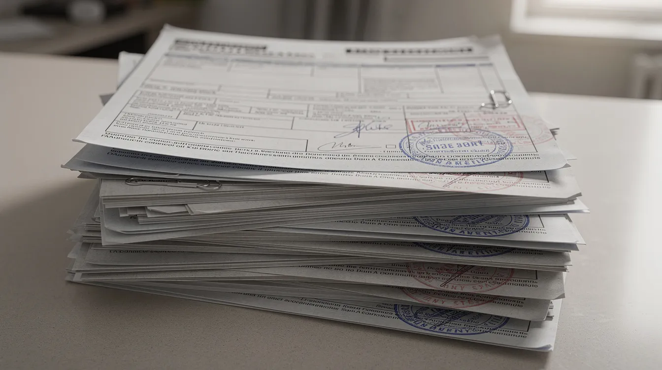 10f74e1e 7ae6 4bb5 8f96 4153956e8d17 The image shows a stack of official stamped bank documents neatly arranged on a counter, likely related to loan applications under the Pradhan Mantri Mudra Yojana. These documents may include important details for applicants seeking credit approval for their mudra loans.