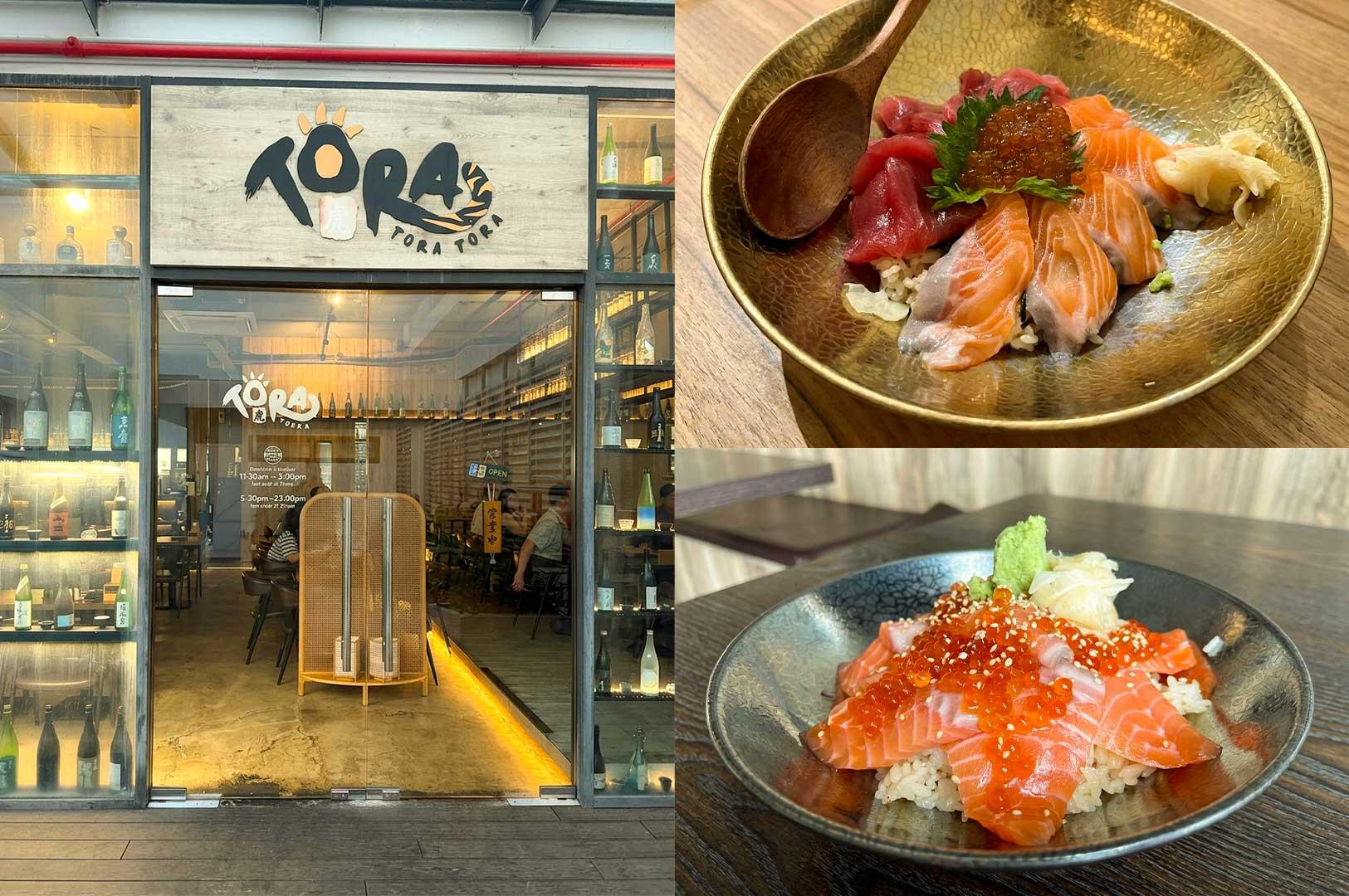 Left Panel (Storefront): The glass entrance of "Tora Tora" features a wooden sign with stylized black lettering, flanked by floor-to-ceiling glass display shelves lined with various sake and Japanese liquor bottles. Top Right Panel (Assorted Sashimi Don): A textured brass metal bowl filled with seasoned rice, neatly arranged thick slices of raw salmon and tuna, a spoonful of gleaming ikura (salmon roe), pickled ginger, and a wooden spoon. Bottom Right Panel (Salmon & Ikura Don): A dark glazed ceramic bowl featuring a bed of rice topped with vibrant slices of fresh salmon, a generous heap of ikura sprinkled with white sesame seeds, a dollop of wasabi, and pickled ginger.