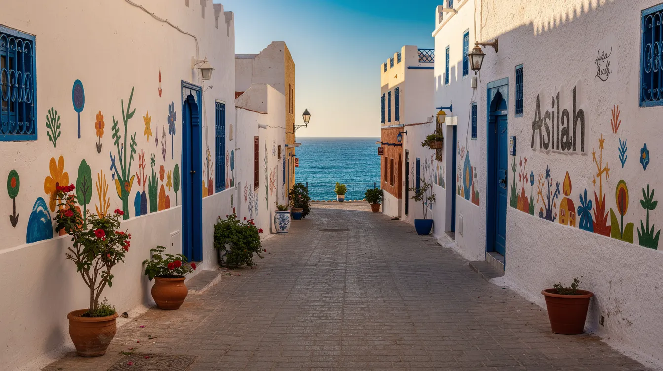 Een schilderachtig straatje in Asilah, met witgepleisterde muren en kleurrijke muurschilderingen, biedt een adembenemend uitzicht op de Atlantische Oceaan. Dit charmante decor is perfect voor een onvergetelijke reis, waarbij je de vrijheid hebt om met een gehuurde auto de toeristische trekpleisters van Marokko te verkennen.