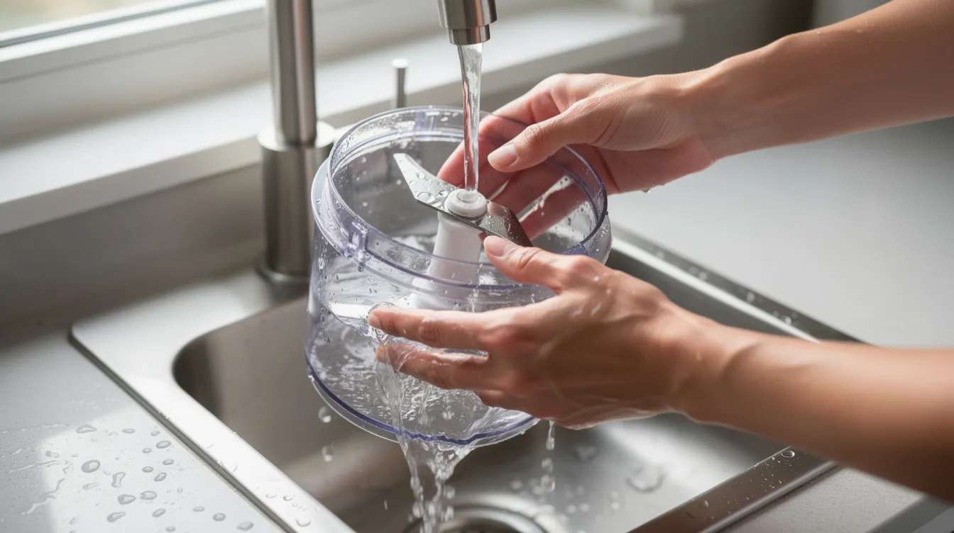 A person is rinsing the parts of a Braun Easyprep food processor under running water at a kitchen faucet, ensuring that the chopping blade and included accessories are clean and ready for the next food prep tasks. The scene highlights the compact design and ease of maintenance of the food processor, perfect for weekly meal prep.