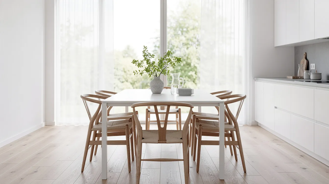 En modern vit matbord står i ett ljust skandinaviskt kök med träddäck och stora fönster som släpper in mycket naturligt ljus. Runt bordet finns flera stolar, vilket skapar en inbjudande matplats för familj och vänner.