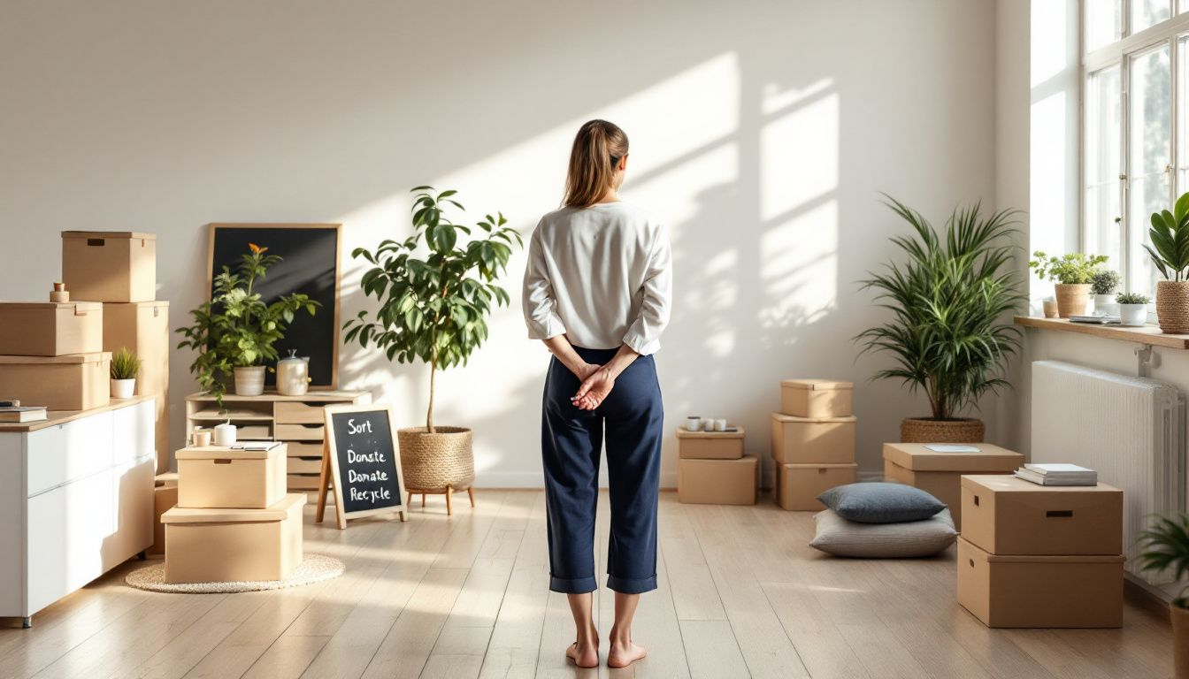 A person preparing to declutter their home, surrounded by boxes and supplies.