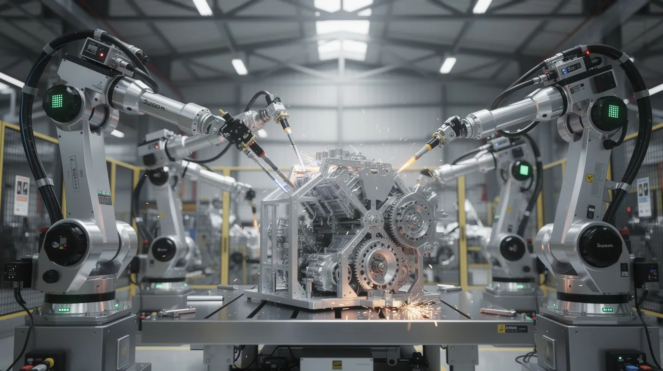The image depicts multiple robotic arms working in unison to assemble a complex mechanical structure, showcasing advanced concepts in automation and system design. These robotic arms represent the integration of large-scale systems and retrieval augmented generation techniques, emphasizing their role in performing intricate tasks efficiently.