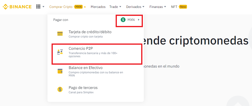 Compra criptos utilizando MXN a través de Binance P2P.