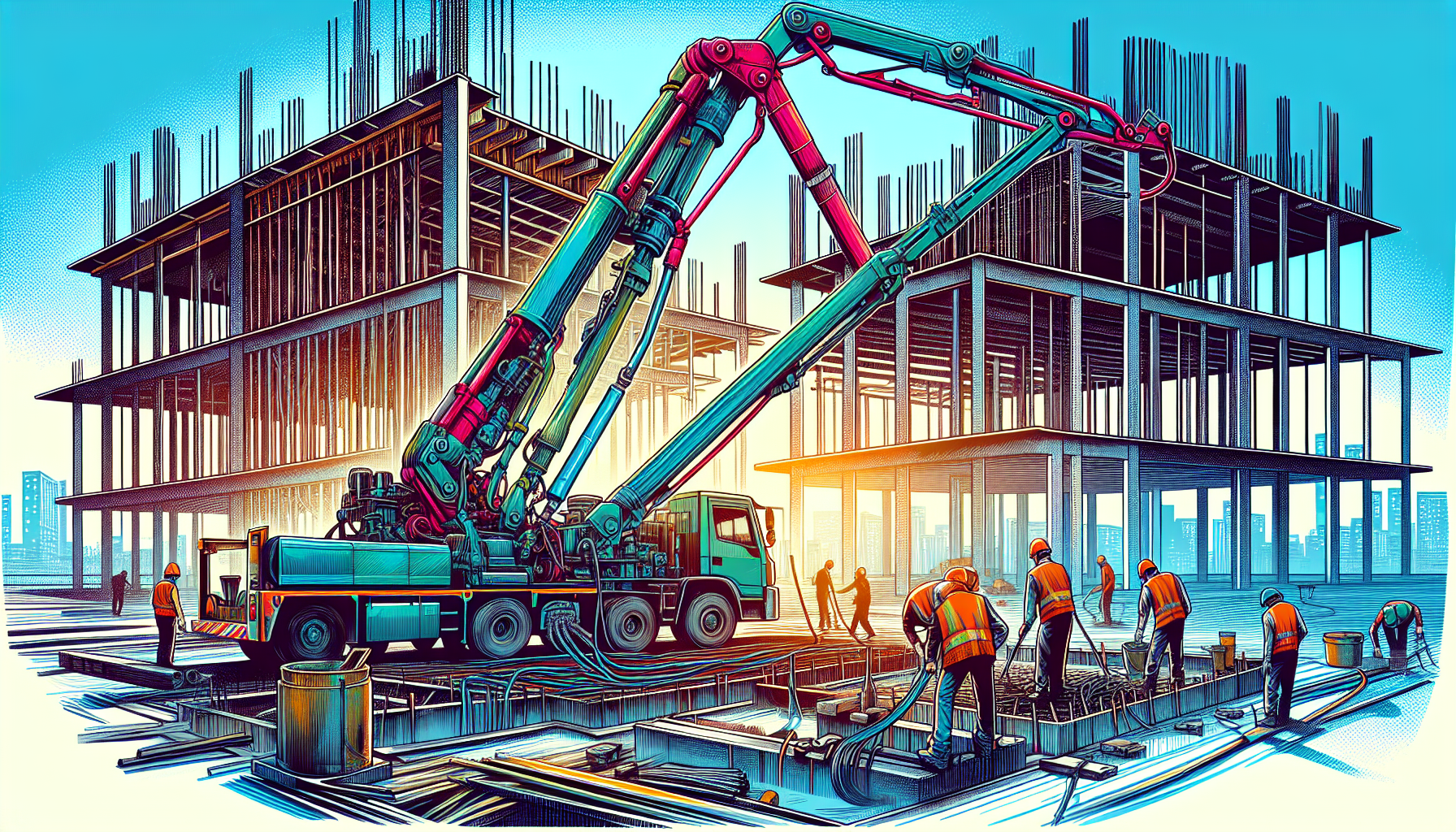 An illustration showing the setup of a boom pump at a construction site.