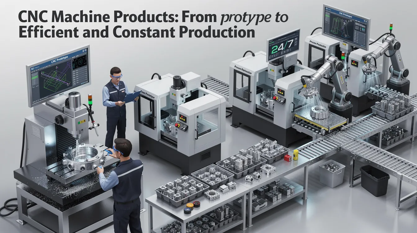 The image showcases a CNC machine in action, highlighting the precision and efficiency of producing component pieces from various materials such as aluminum and bearing quality steel. This scene emphasizes the commitment to quality and constant production, essential for industries like automotive and aerospace.