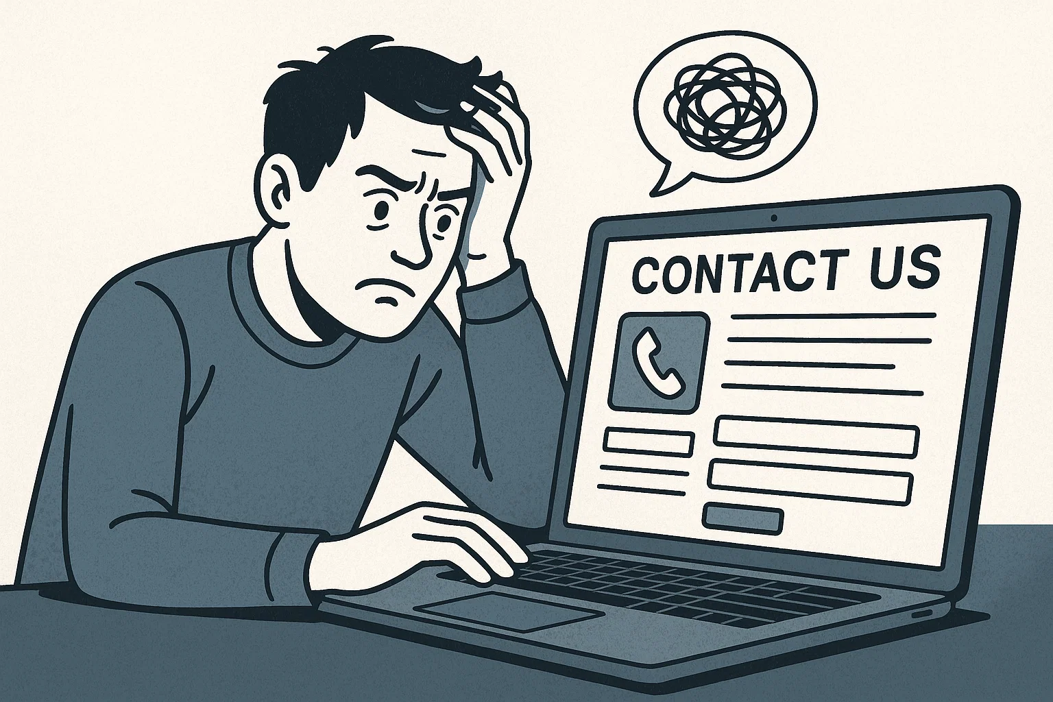 User struggling to find contact details on a business website