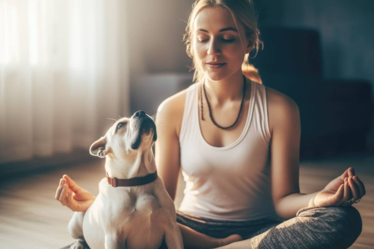 A young woman meditates on the floor with her dog mimicking her pose, embodying Tips for Beginners in Meditation for Dogs