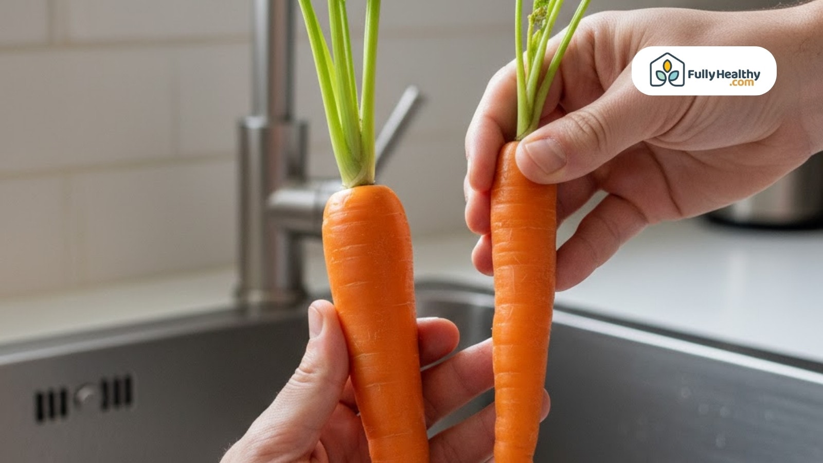 Hands holding two freshly washed carrots over kitchen sink