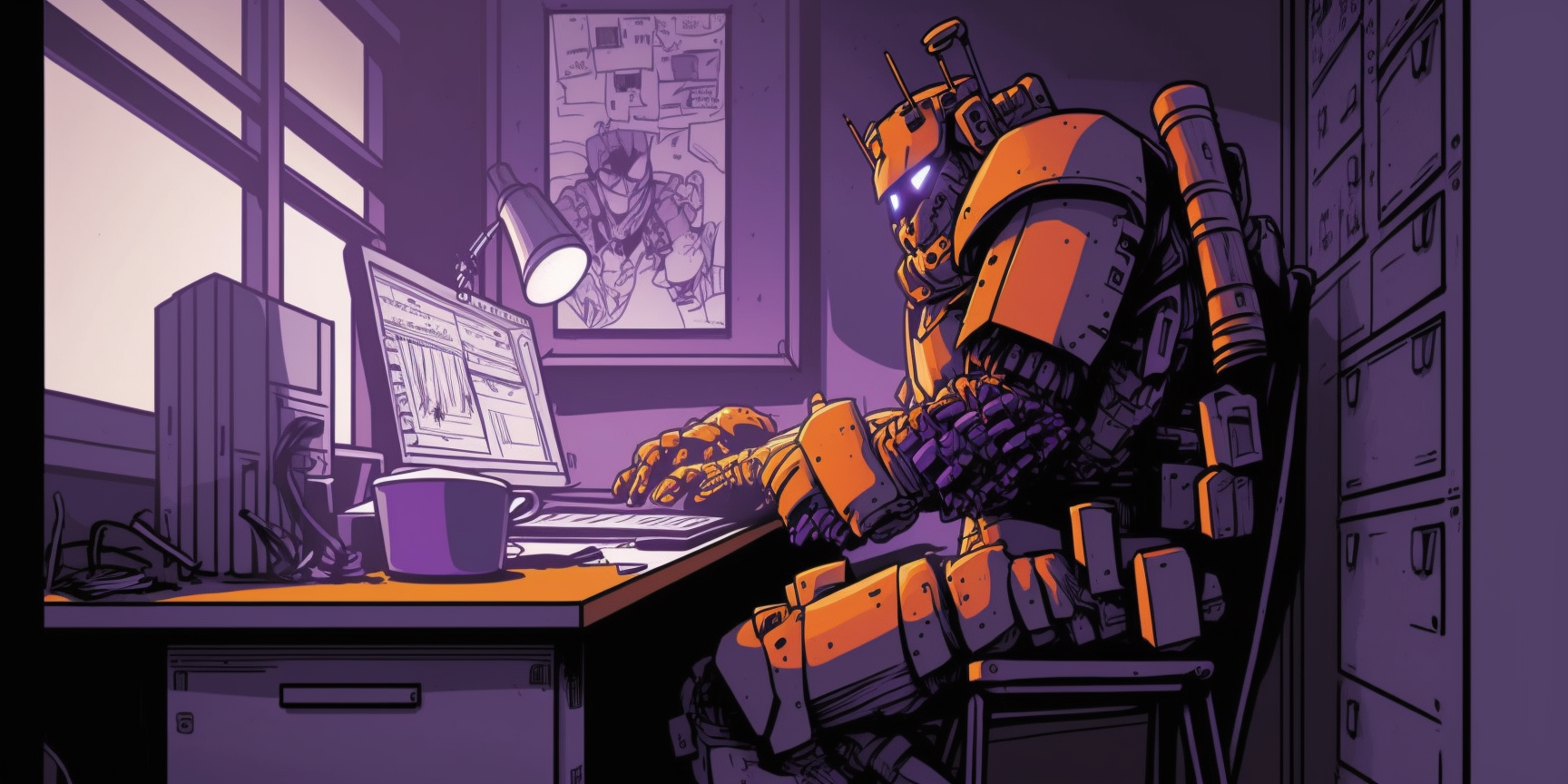 A robot working on a computer in an office.