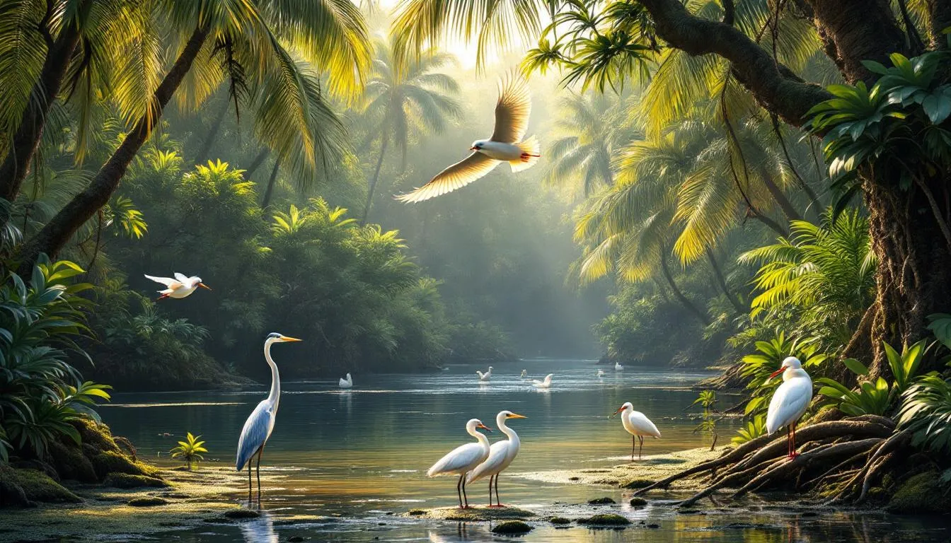 The image depicts a serene wildlife preserve featuring native birds amidst lush island vegetation, highlighting the natural beauty of Sanibel Island. The tranquil setting evokes the luxurious tropical island life, perfect for observing wildlife in their natural habitat.