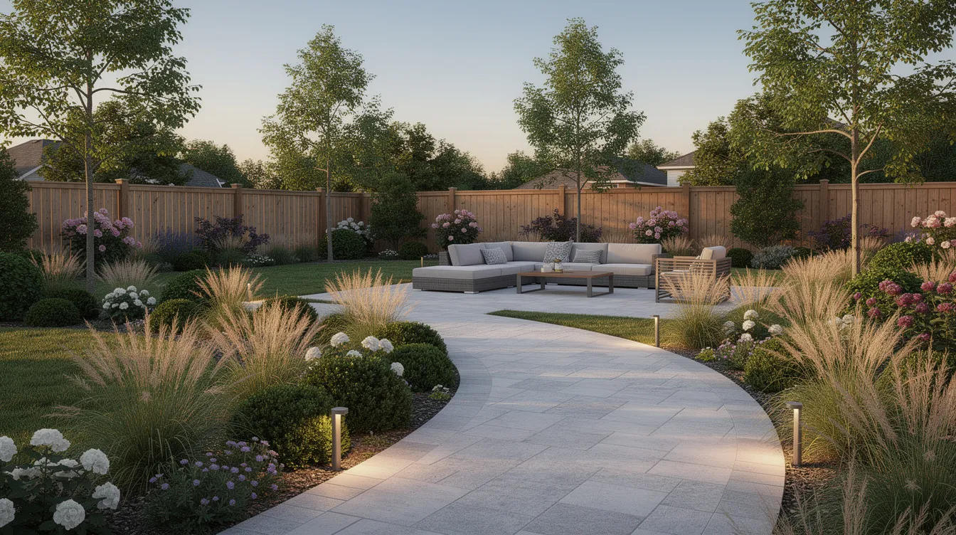 The image depicts a beautifully landscaped backyard featuring paver paths that wind through ornamental grasses and vibrant shrubs, complemented by stylish outdoor furniture, creating an inviting outdoor living space. This design showcases various elements that enhance the overall landscape design, perfect for homeowners looking to transform their yard into a dream outdoor space.