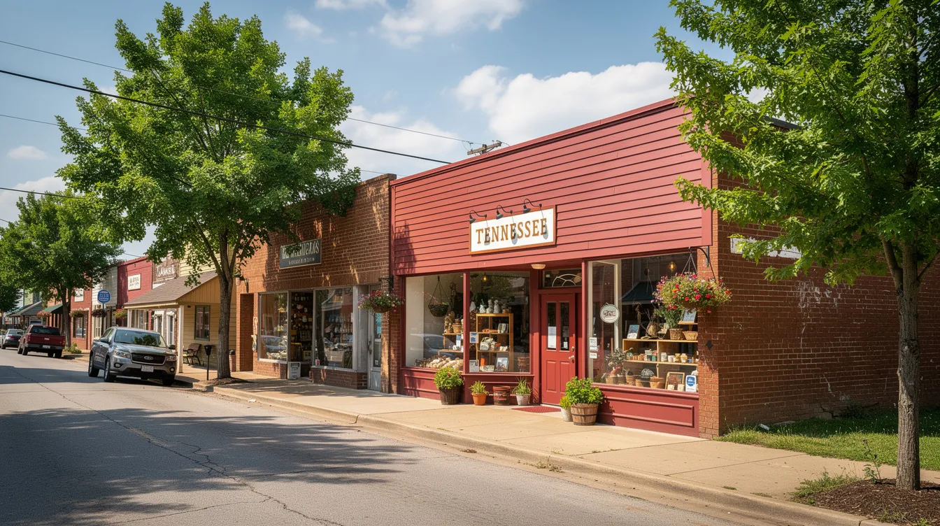 The image depicts a charming small business storefront nestled on a tree-lined street in a quaint Tennessee town, showcasing the essence of local entrepreneurship. This inviting scene highlights the importance of strong agreements, such as a buy sell agreement, for business owners to protect their interests and ensure the future of their company amidst various circumstances.