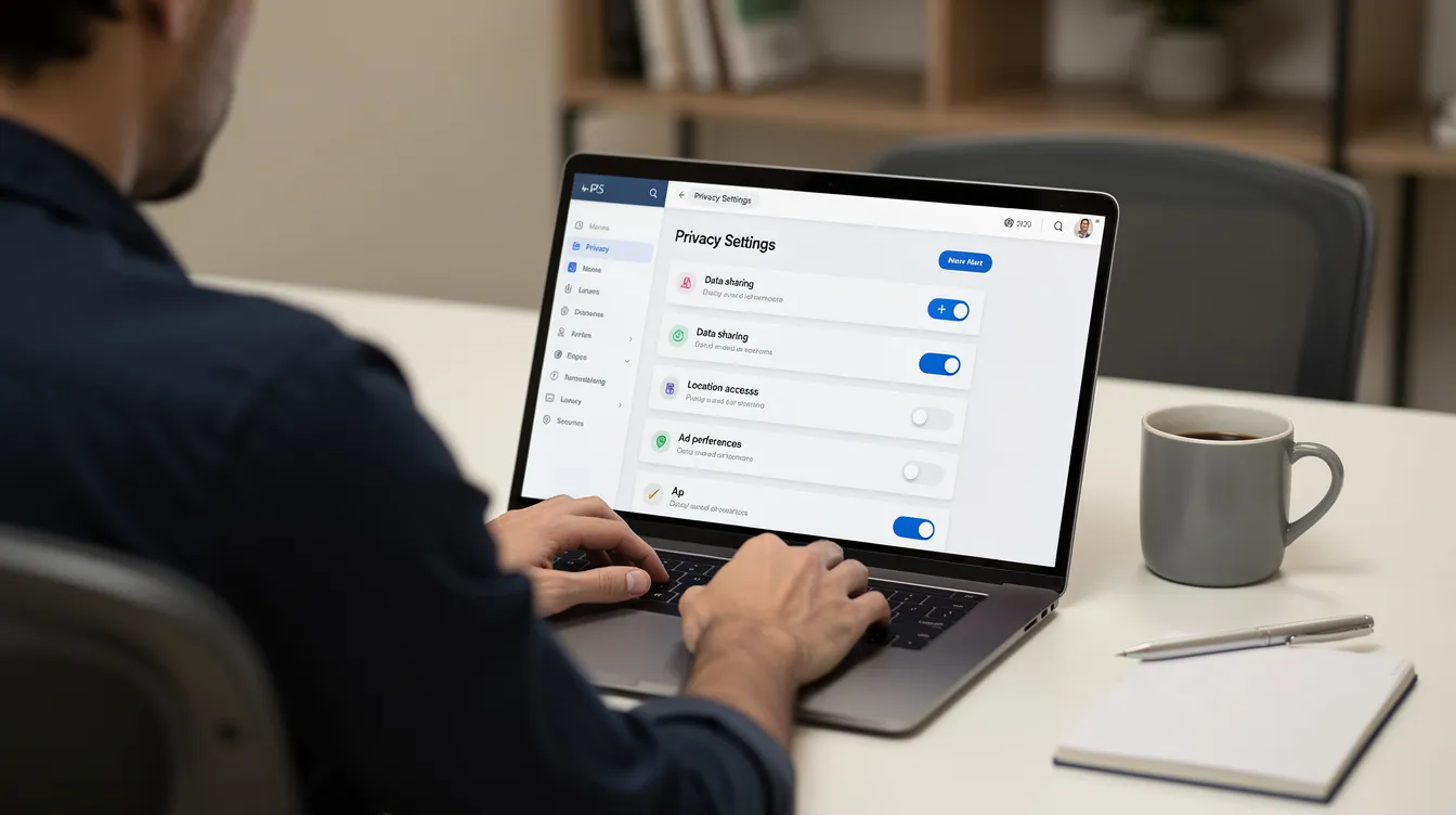 A person is seated at a desk, attentively reviewing privacy settings on their laptop, focusing on options to opt out of marketing data collection and manage their sensitive personal information. The scene conveys a sense of diligence in protecting consumer privacy and understanding the implications of data sharing.