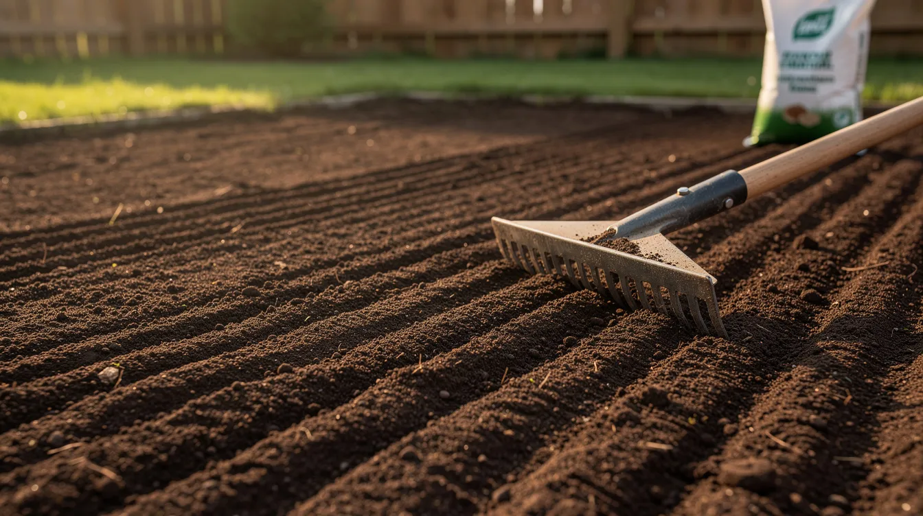 The image shows freshly raked garden soil, perfectly prepared for sowing grass seed, with a smooth soil surface free from debris and large stones, ready to hold moisture for healthy grass seedlings. This ideal setting suggests a new lawn project, likely in early autumn, to promote germination and create a beautiful lawn.