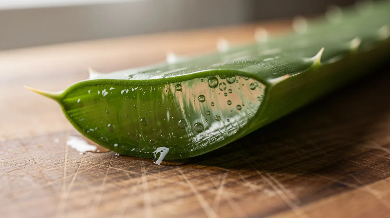 A close-up view of a freshly sliced aloe vera leaf reveals its clear gel inside, showcasing the natural remedy's soothing properties. The leaf rests on a wooden cutting board, emphasizing the aloe vera plant's benefits for skin care and its moisturizing qualities.