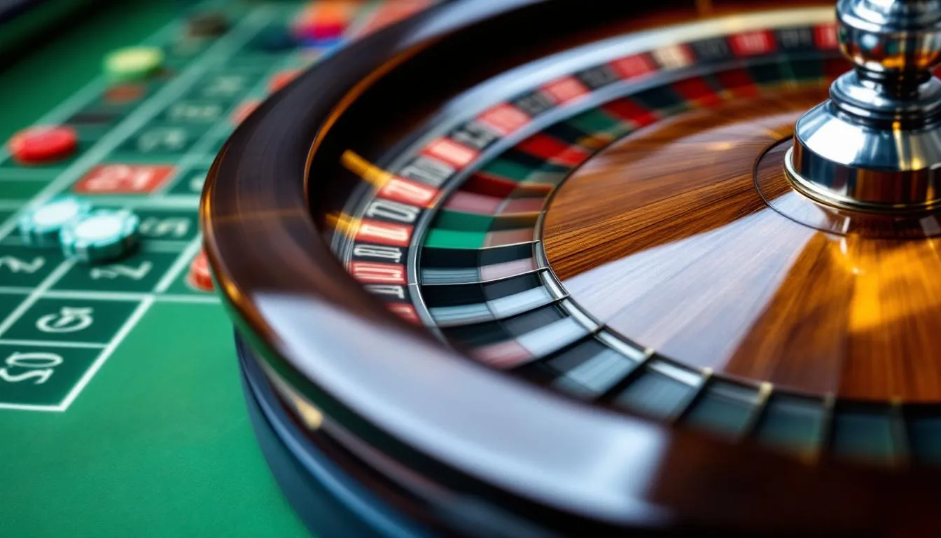 Una vista cercana de una ruleta europea muestra la bola en movimiento, girando sobre la línea de números mientras los jugadores esperan ansiosos el resultado de sus apuestas en este emocionante juego de azar típico de los casinos. La imagen captura la acción y la tensión de este popular juego de apuestas.