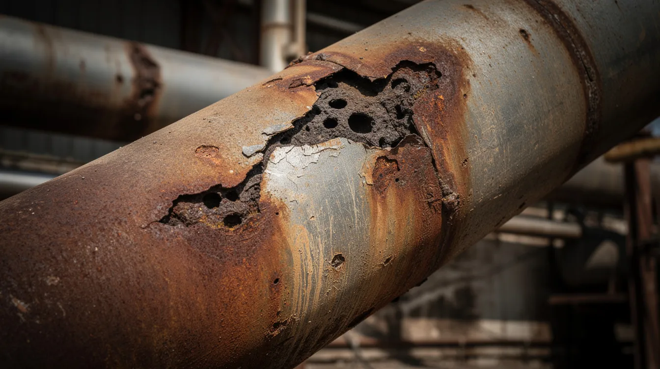 The image depicts pipeline corrosion, showcasing a metal surface affected by external corrosion, highlighting the importance of corrosion management in oil and gas pipelines. Various protective measures such as cathodic protection systems and corrosion-resistant materials are essential for maintaining pipeline integrity in corrosive environments.