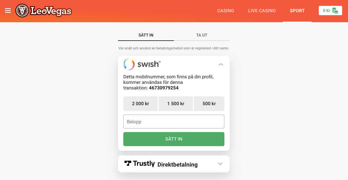 LeoVegas Insättning / uttag